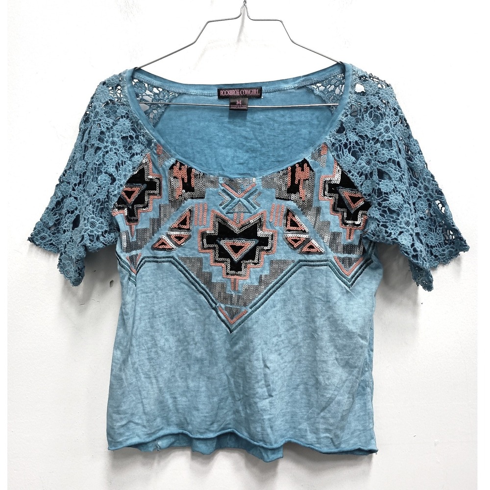 Rock & Roll Cowgirl Crop Top Womens Medium Blue Aztec Y2K Sequin Lace Sleeve